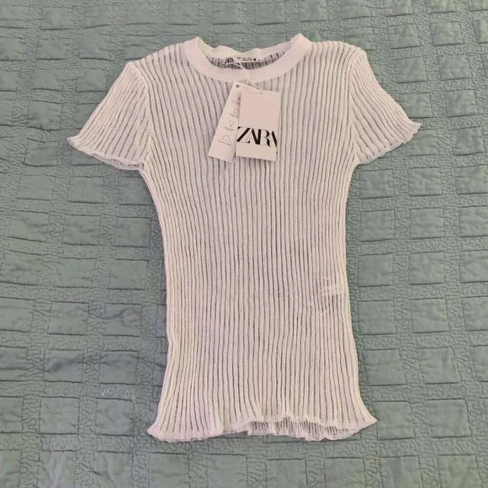 Zara White Short Sleeve Ribbed Shirt Size S Small w/ Tags Unused!